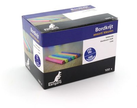 Een doos met 100 krijtjes met het label 'Bordkrijt assorti kleuren'. De doos toont een afbeelding van zes gekleurde krijtjes.