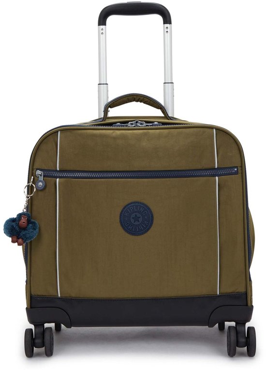 Olijfgroene trolley schooltas van Kipling met wieltjes, een uitschuifbaar handvat en een blauwe aap-hanger.