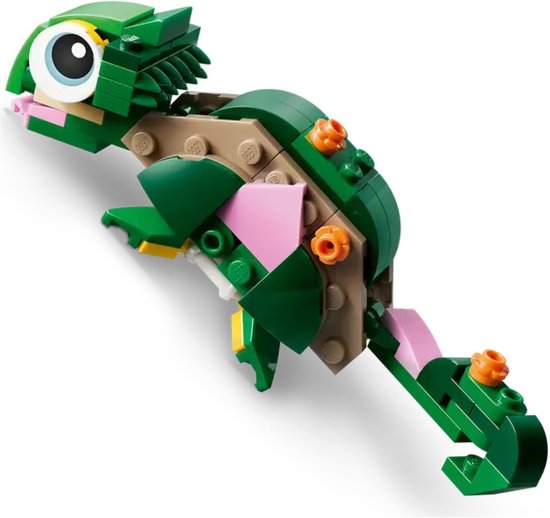 Een groene legokameleon met een lange staart, roze en beige accenten, grote ogen en stekels op zijn rug.