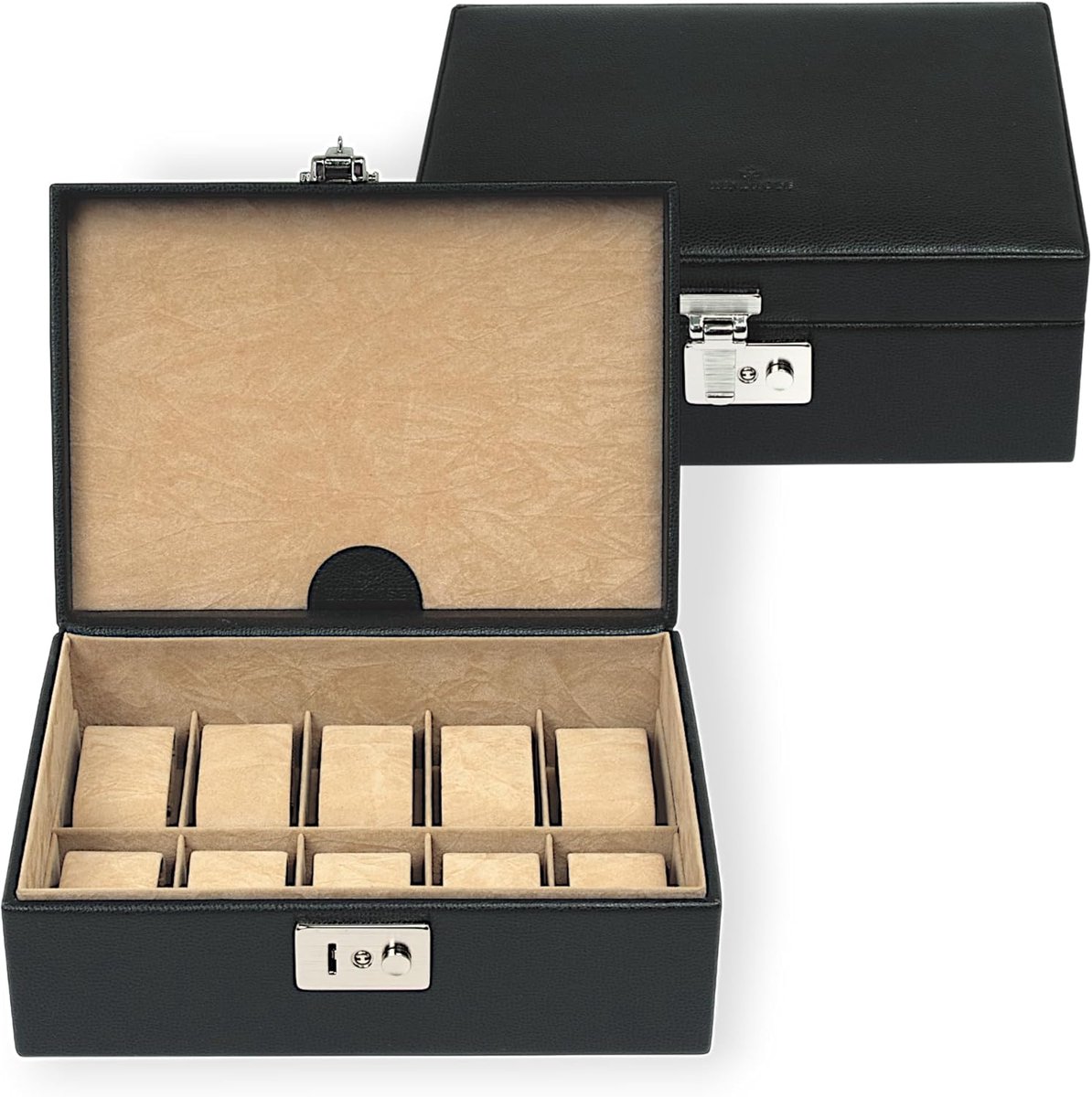 Horlogebox Leder Zwart 24,5 cm - 10 Vakken Afneembare Kussens