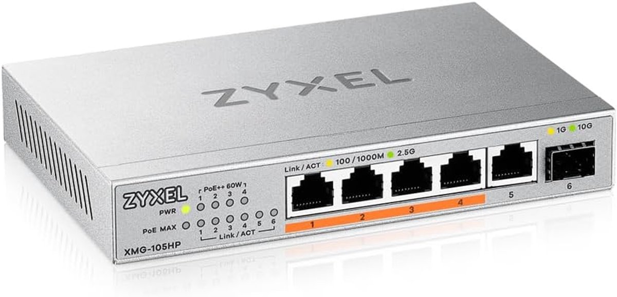 5-Port 2.5G PoE Switch - 4 PoE++ Poorten, 10G SFP+ - 70W - Unmanaged - Desktop/Wand