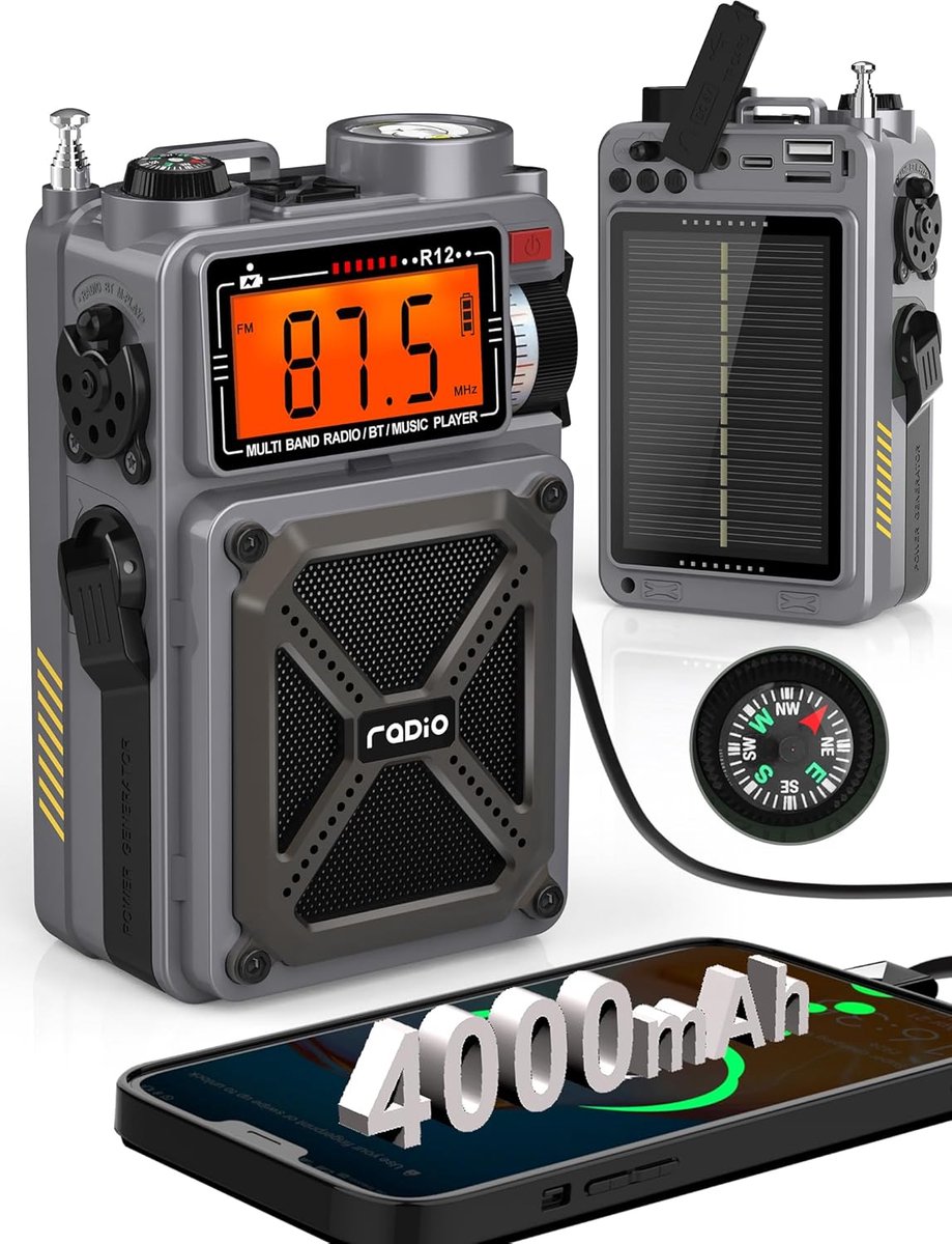 Draagbare Radio - Noodradio Muziekspeler - Buiten Kamperen - Oplaadbaar Via Zonne-energie - 8x13x5 cm - Zwart