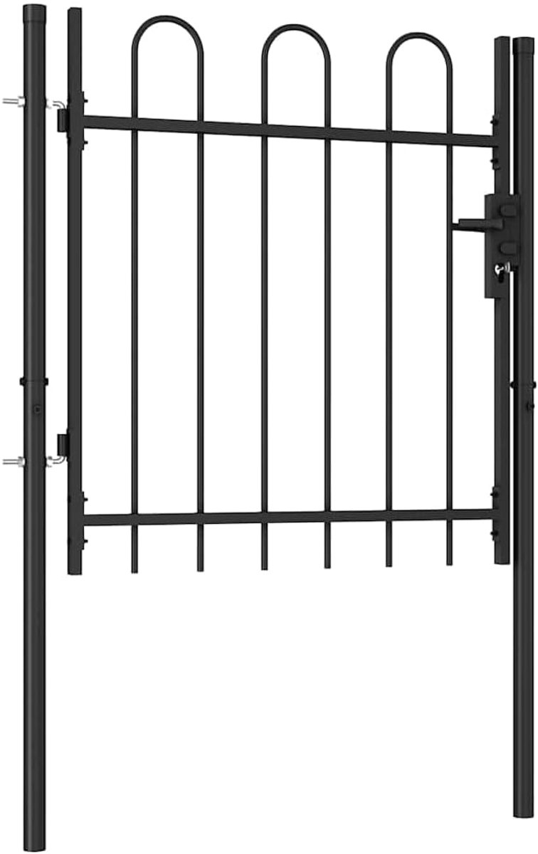 Stalen tuinpoort met gebogen spijlen 1x1m zwart