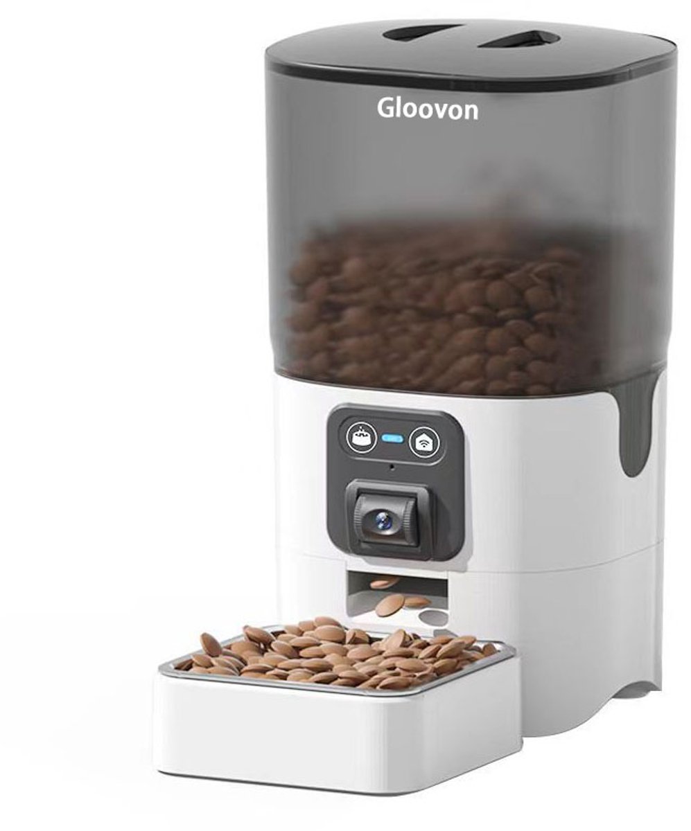 Gloovon® - Automatische Voerbak Kat - Camera - 6L Voerdispenser RVS - HD Video & 2-weg Audio - Dual WiFi 2.4Ghz - Met App - Voerautomaat dispenser kat - Voor Droogvoer - Wit