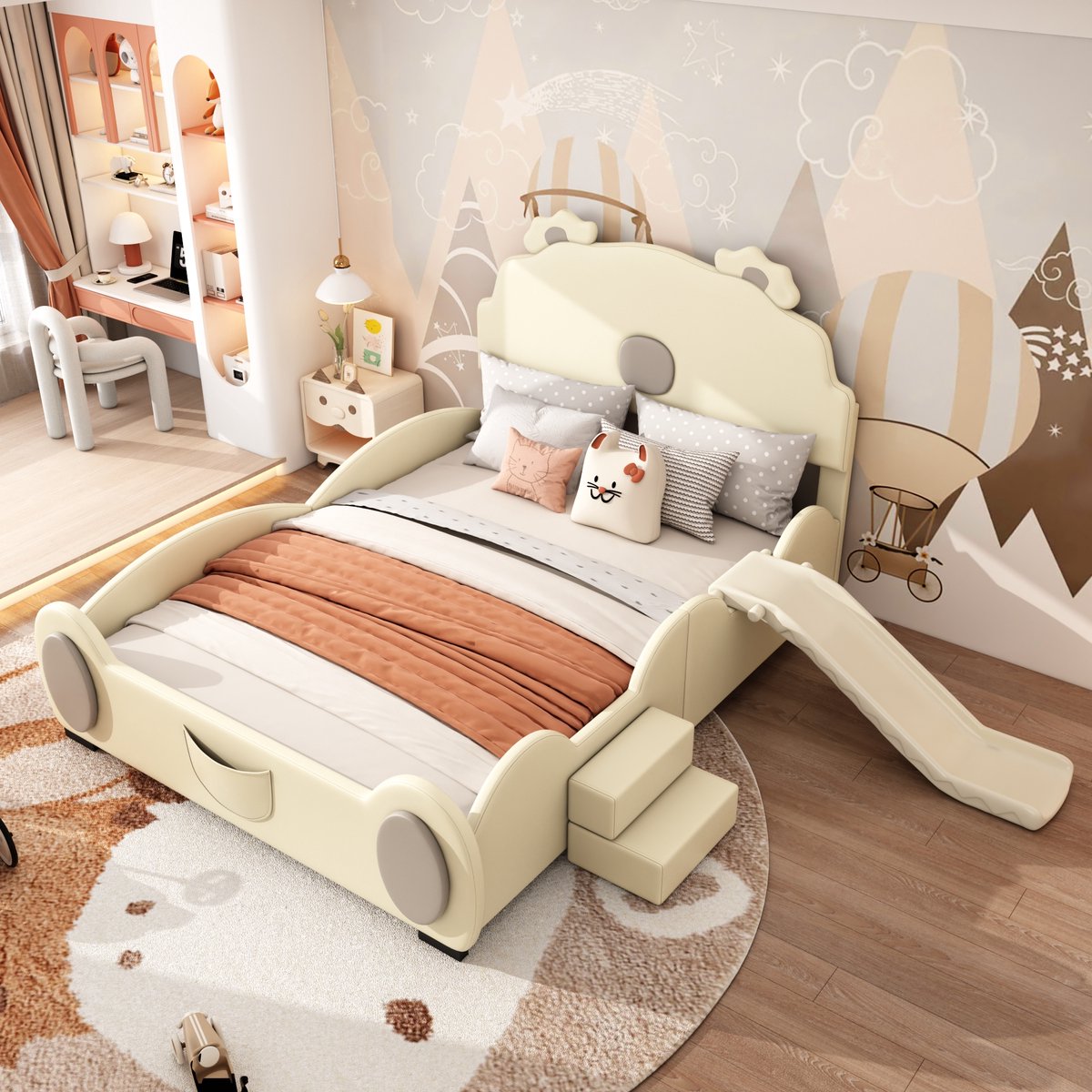 Wishdor Kinderbed 140x200 cm – Berenvorm met Glijbaan & Ladder – Verstelbare Opstelling – PU Beige