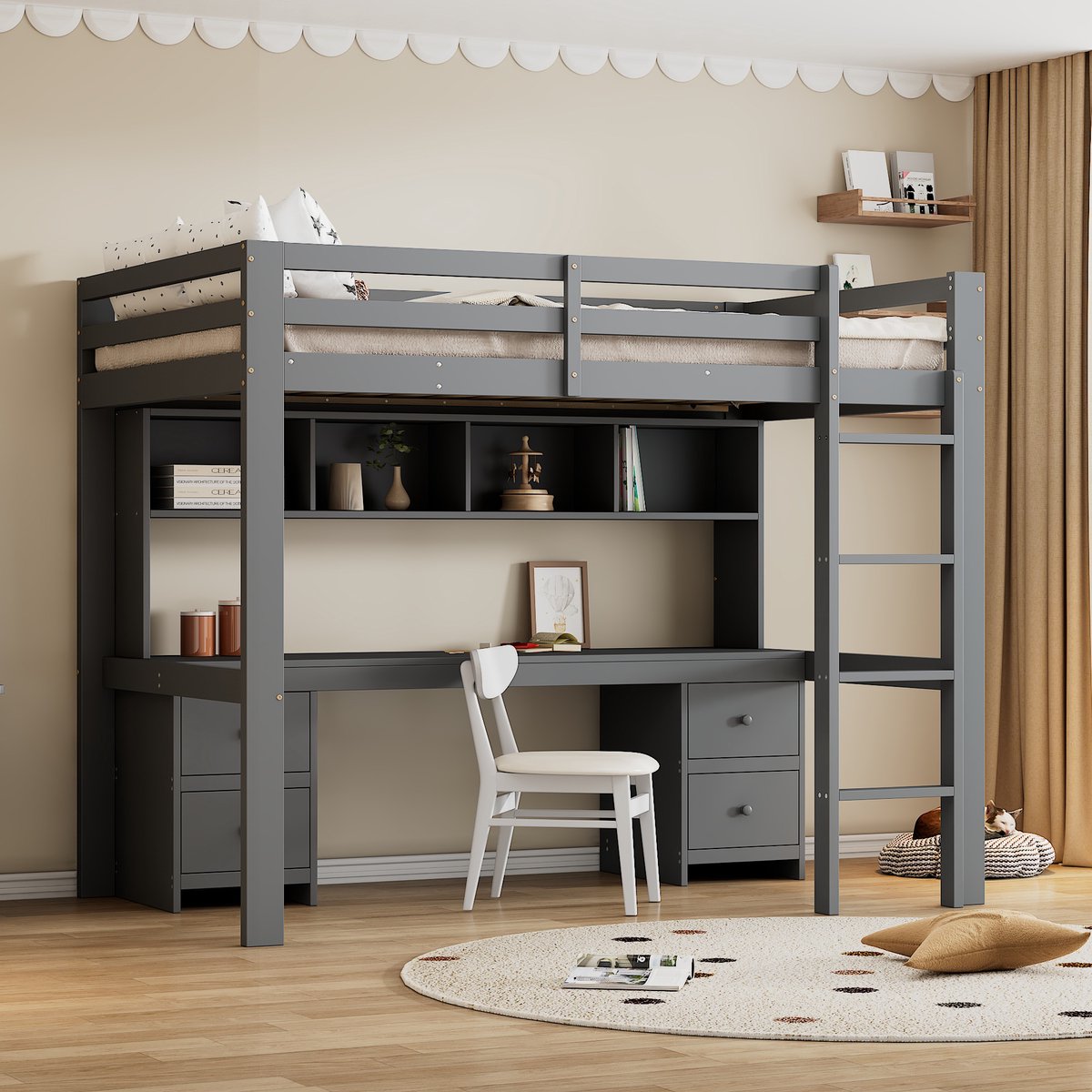 Wishdor Luxe Hoogslaper met Bureau 90x200 cm - XL Werkblad (200cm) & 4 Lades - Massief Hout Grijs - Tienerbed (Vanaf 6 Jaar)