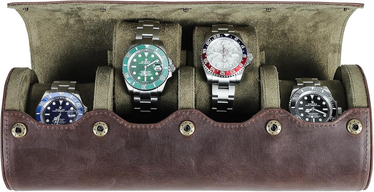 Hiram Watch Roll Case - Lederen Horlogeopslagdoos - 4 Horloges - Reisdoos met Verwijderbare Kussen - Draagbare Horloge Organizer voor Bescherming