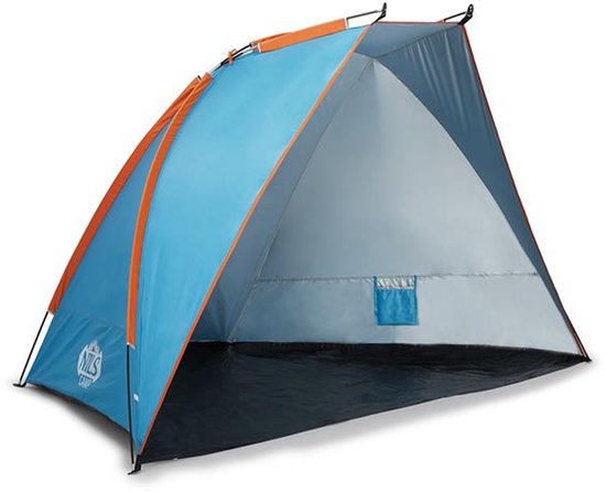 Blauwe strandtent met oranje randen, open aan de voorkant, met een binnenvakje.