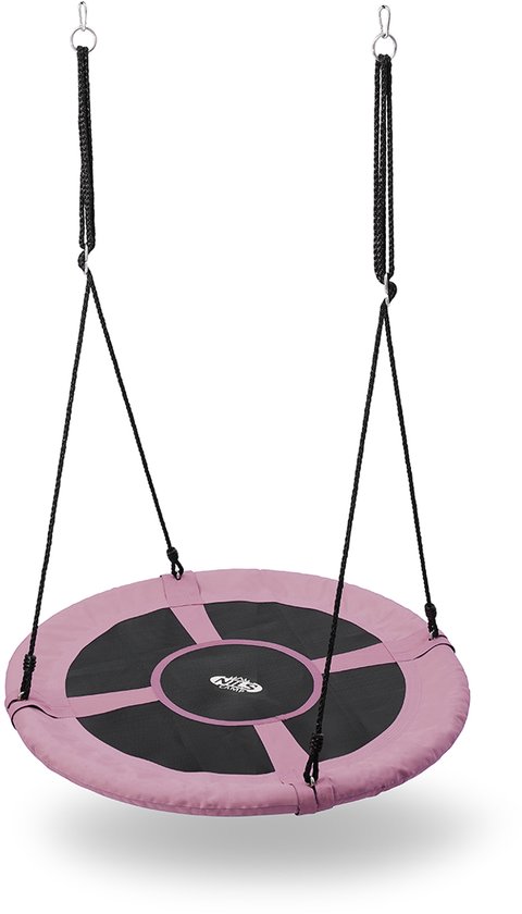 Roze nestschommel met zwart middenpaneel, hangend aan dubbele zwarte touwen.