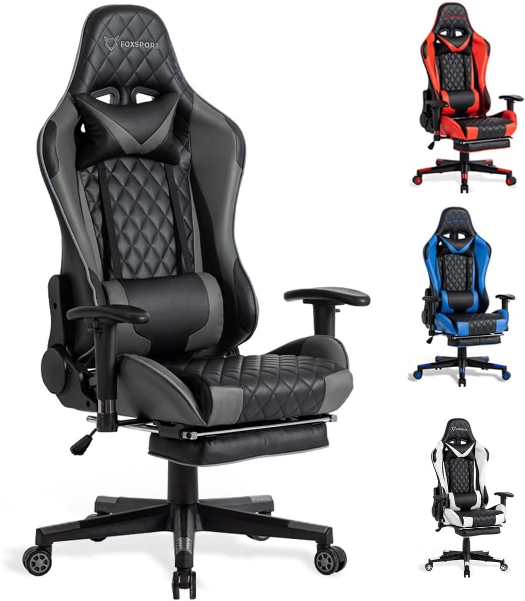 Ergonomische Gaming Stoel met Voetsteun en Kantelfunctie - Volledig Verstelbaar Zwart Grijs