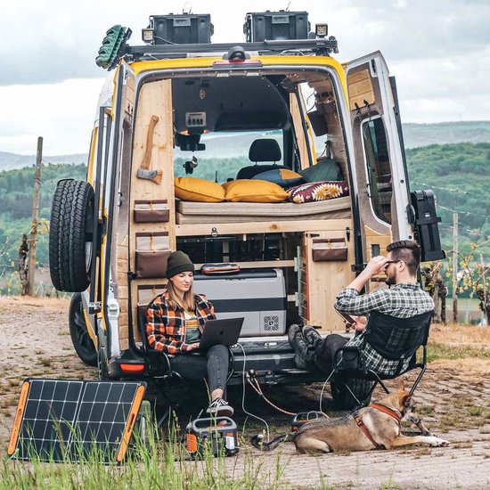 Zwart Jackery zonnepaneel en oranje Jackery solar generator op gras bij een camper.