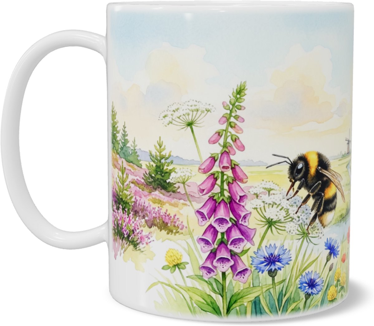 Aardhommel & Vingerhoedskruid "Aquarel Series" Mok - Prachtige Hollandse Natuur Koffiemok met Molen & Bloemen - Unieke Theebeker voor Thuis & op Kantoor - Cadeau voor haar: Vrouw, Vriendin of Collega