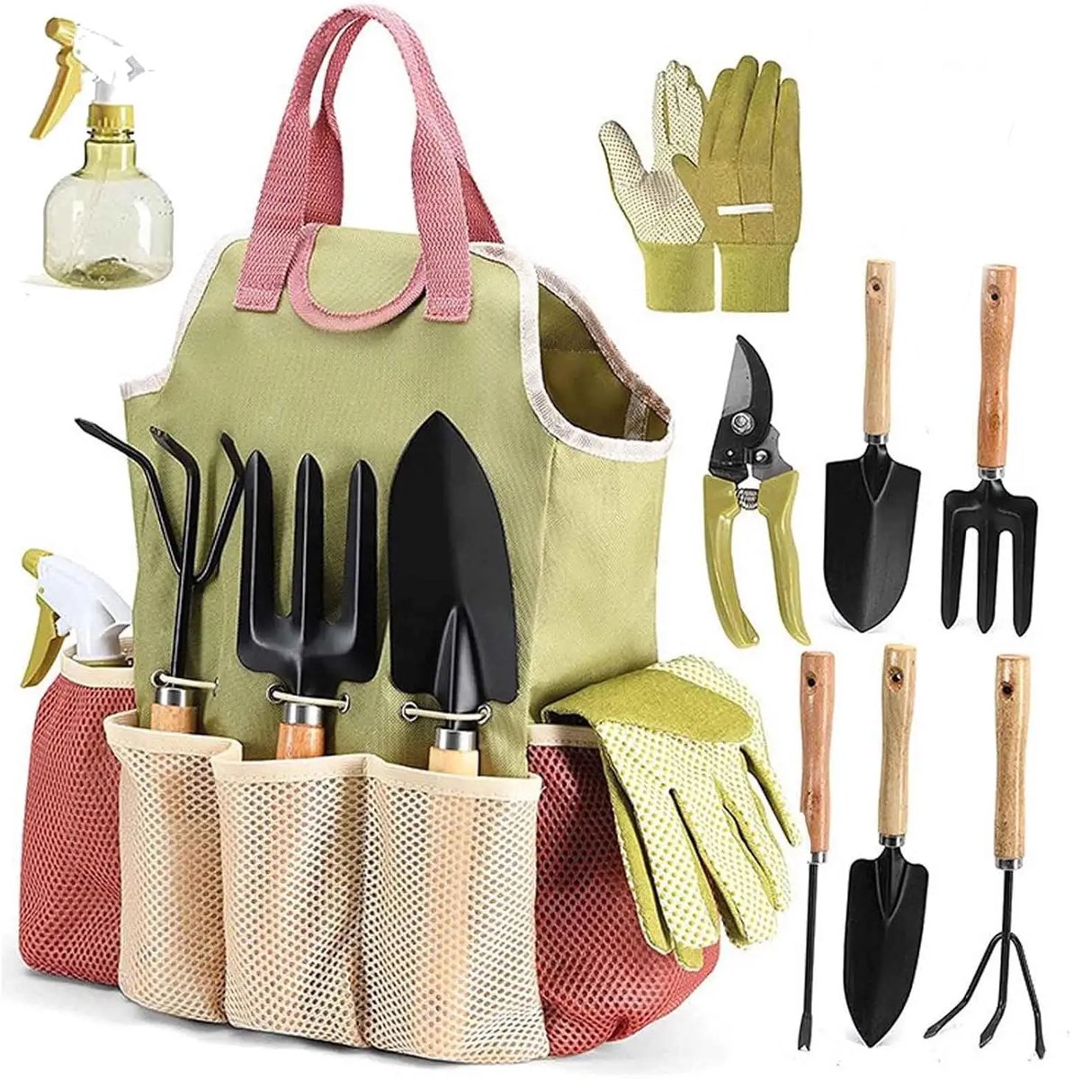 Luxe 9-delige Tuingereedschapset - Koolstofstaal - Met Opbergtas, Snoeischaar & Plantenspuit - Ergonomisch - Tuingereedschap Cadeau - Groen