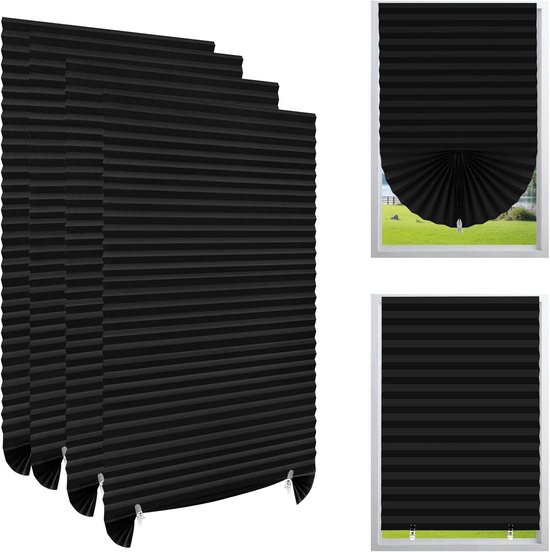 Verduisterende Plissé Gordijnen - 4 Stuks - 60x150cm - Zelfklevend Zonder Boren - Op Maat te Knippen - Voor Slaapkamer & Badkamer - Zwart