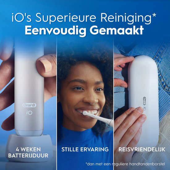 Collage: Beige Oral-B iO op lader, vrouw poetst tanden, reisetui met Oral-B iO.