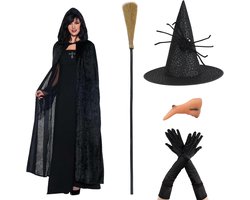 Sexy Heks Kostuum voor Vrouwen | Zwarte Mantel met Hoed, Handschoenen en Bezem | Perfect voor Halloween Cosplay en Feesten