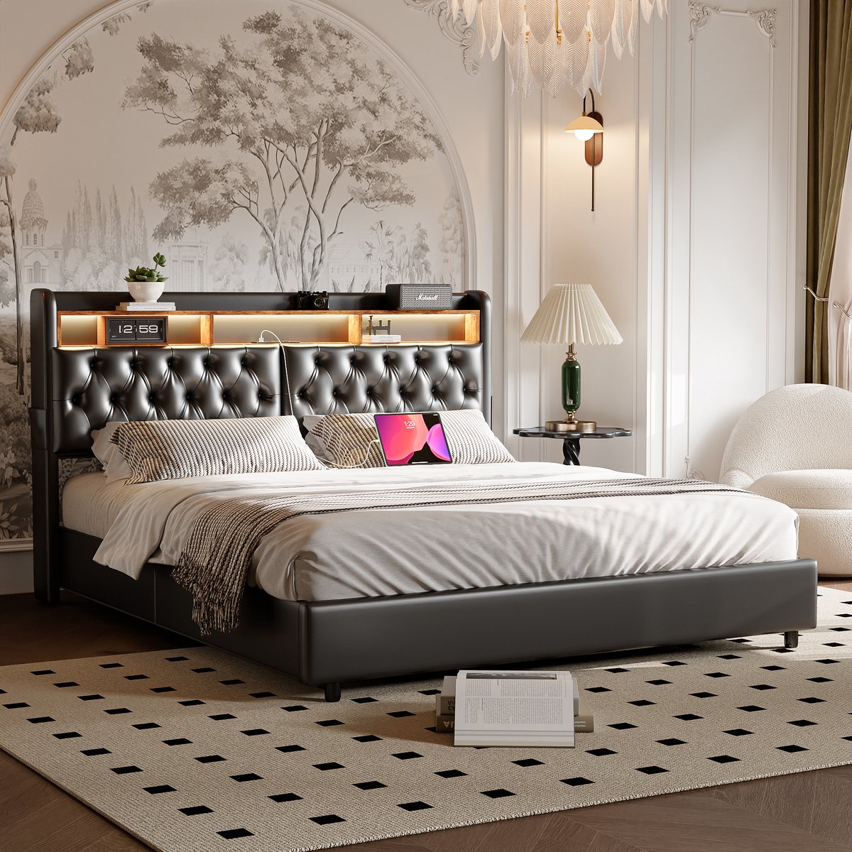 ROSAHQNDA Gestoffeerd bed 180x200cm, kingsize bed, functioneel bed met led-verlichting en USB-oplaadpoort, PU-leer, zwart, geen matras