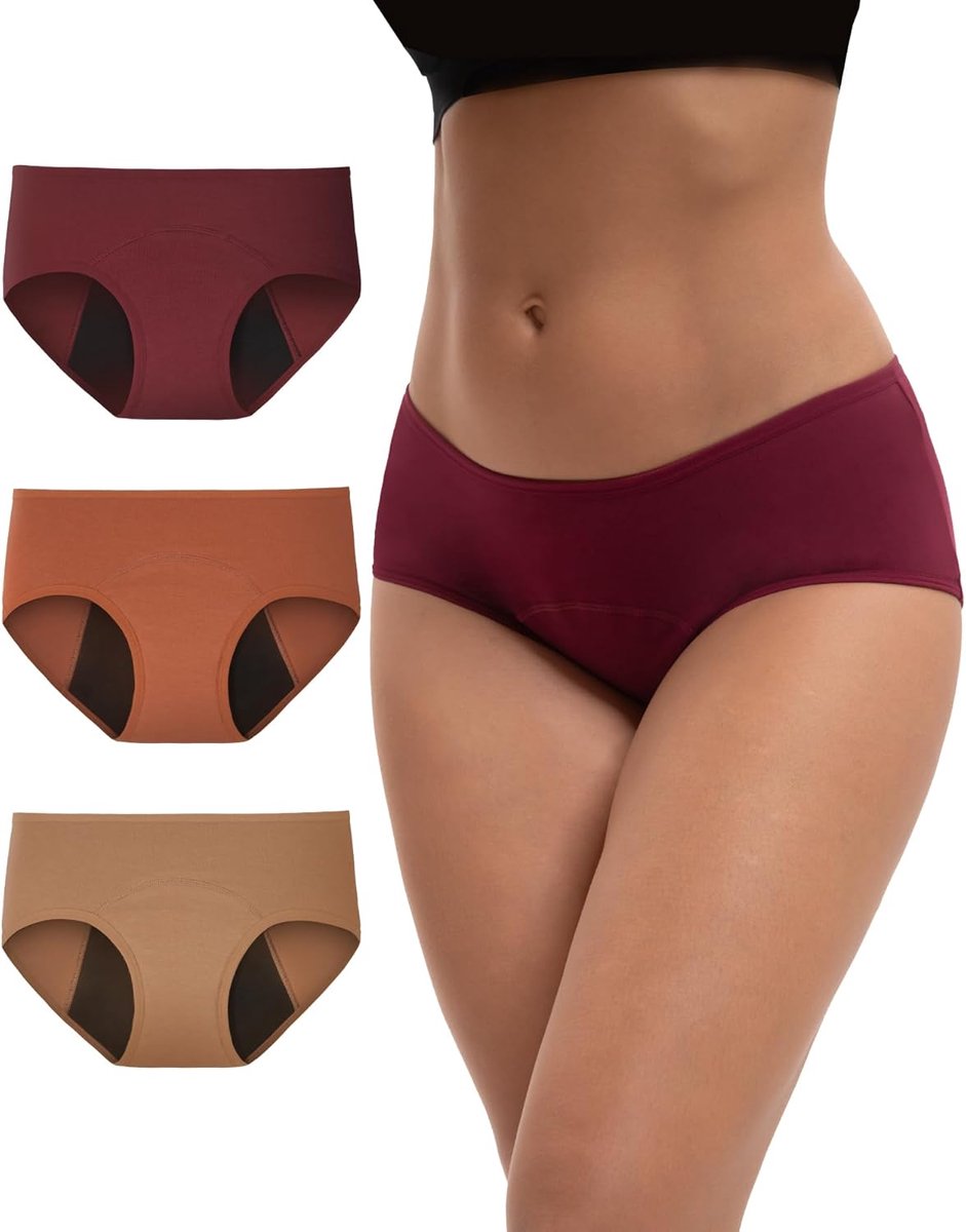 Menstruatieslip vlek- en lekvrij - 3 stuks - wijnrood/lichtbruin/terracotta - maat M