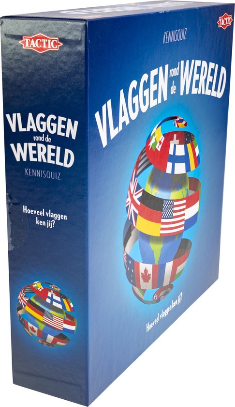 Doos van het bordspel "Vlaggen rond de Wereld Kennisquiz" met een globus omwikkeld met vlaggen.