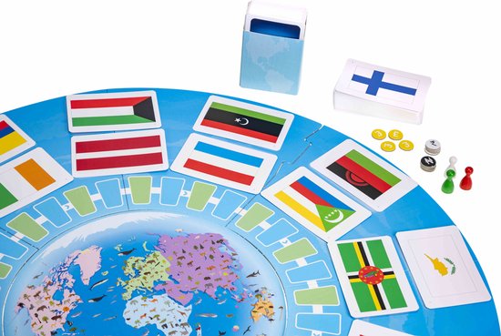 Bordspel "Vlaggen rond de Wereld Kennisquiz" met opengewerkte spelbord, vlaggenkaarten, fiches en speelstukken.