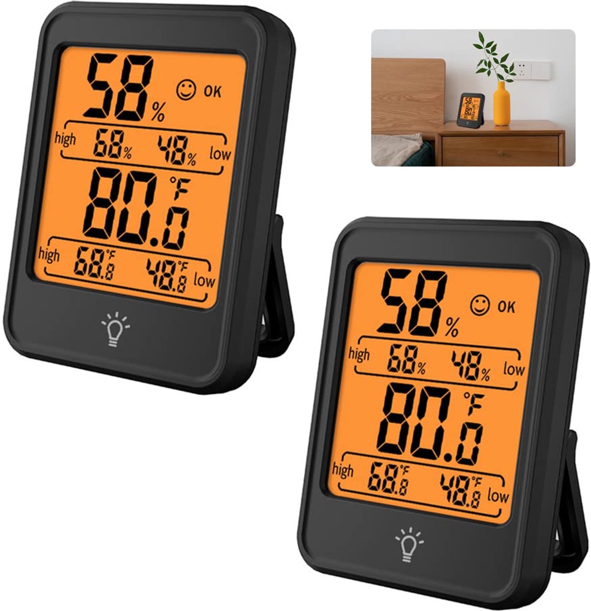 2x Digitale Thermometer Hygrometer Binnen met Achtergrondverlichting - Temperatuur en Vochtigheidsmeter Zwart