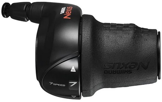 Zwarte Shimano Nexus 7-speed draaischakelaar met "7 SPEED"-aanduiding.