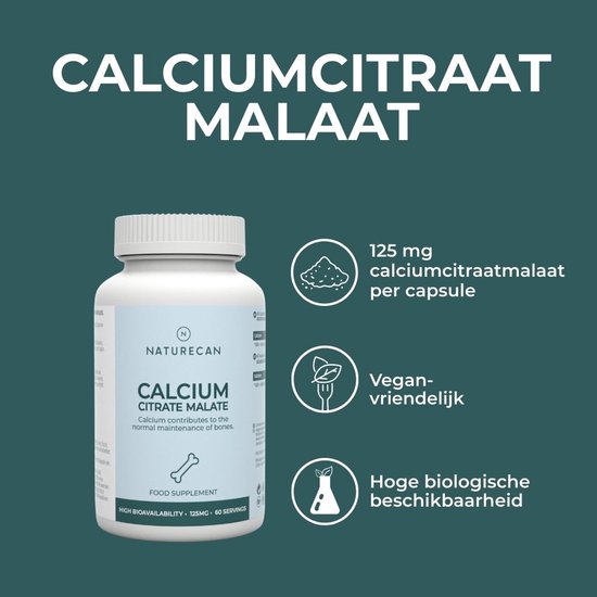 Pot Naturecan Calcium Citraat Malaat met tekst over 125 mg per capsule, vegan en hoge biologische beschikbaarheid.