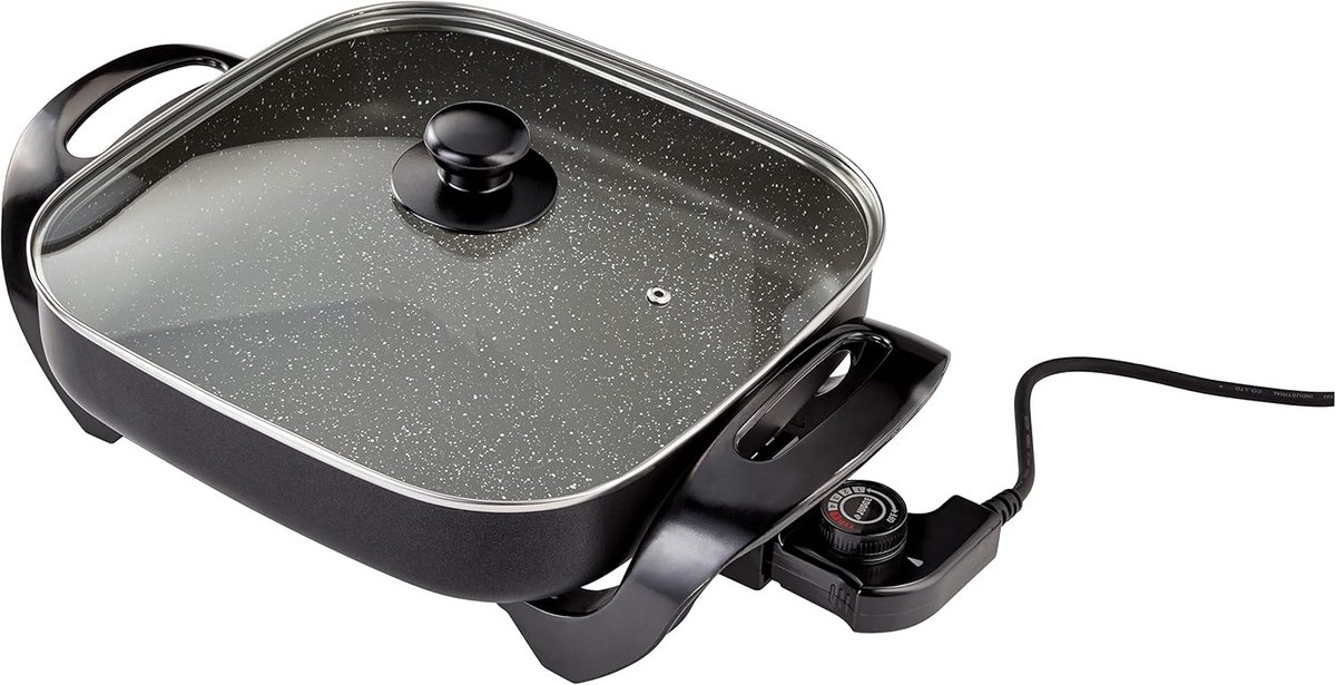 Elektrische Koekenpan 30 cm, 1500 W, Non-Stick, Glazen Deksel, Handgrepen