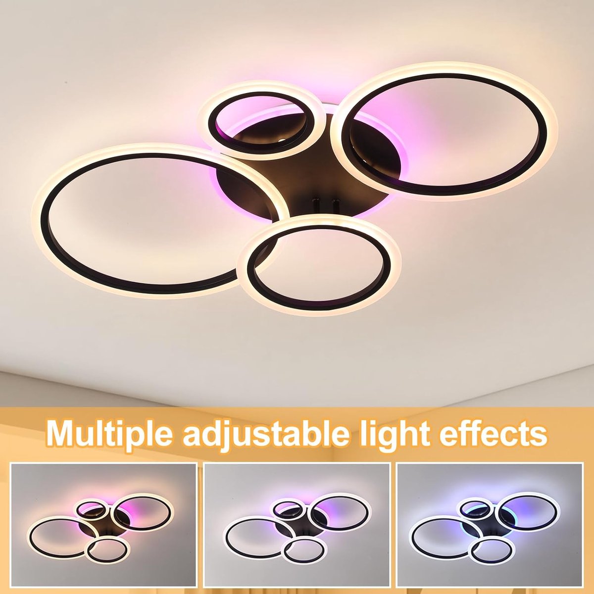 Moderne Zwarte LED Plafondlamp met 4 Ringen, Dimbaar met Afstandsbediening en RGB Lichteff