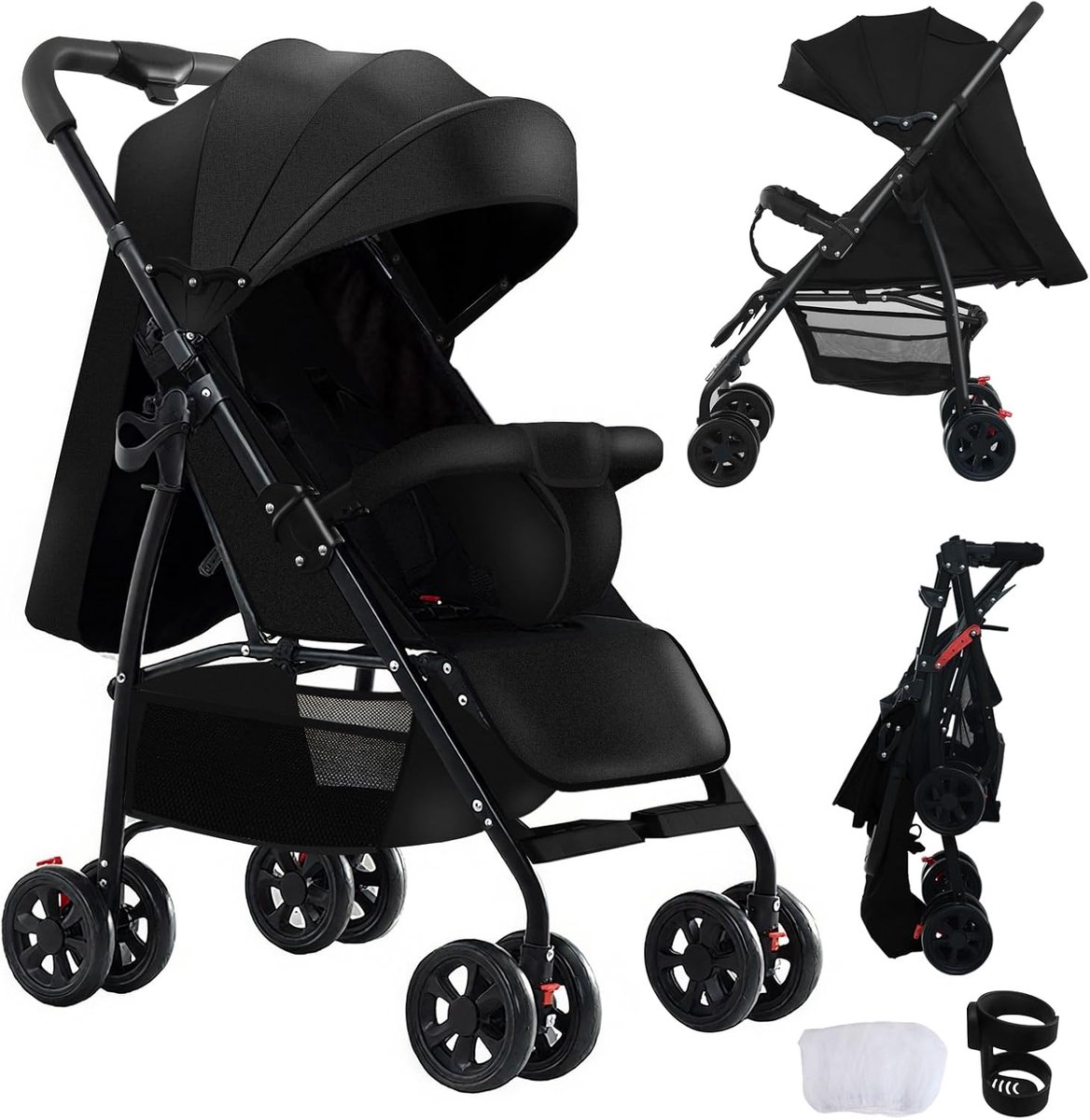 Kinderwagen Lichtgewicht - Babybuggy Inklapbaar - Comfortabel Reizen - Verstelbare Ligpositie - 46 kg - Zwart