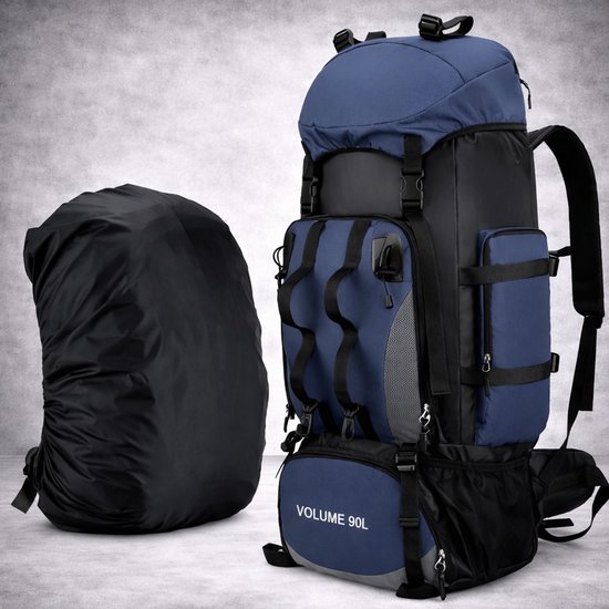Sac à dos 90L sac à dos étanche Marche Camping | Spacieux et résistant | Bretelles réglables | Housse de pluie | Pour hommes et femmes | Idéal pour les aventures en Plein air | Bleu marine