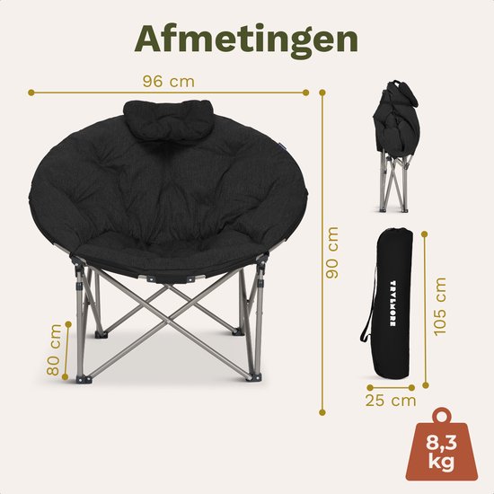 TRVLMORE Campingstoel XL - Opvouwbaar - 150KG Draagvermogen - Incl. Draagtas - Klapstoel - Kampeerstoel - Vouwstoel - Zwart van Merkloos — afbeelding 5