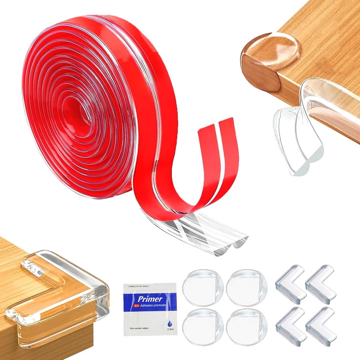 6M Kindveilige Rand- en Hoekbeschermingskit - Zachte Siliconen Bumperstrip met 4 Ronde en 4 L-vormige Hoekbeschermers - Babyveiligheidshoeken voor Tafelbescherming