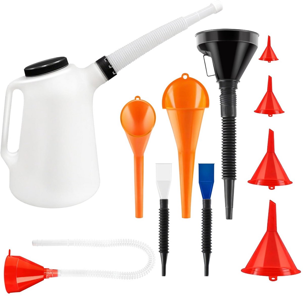 Oliepotset 5 Liter met 10 Trechters - Oliemeetreservoir met Flexibele Schenktuit en Schroefdeksel voor Auto Vrachtwagen Motorfiets