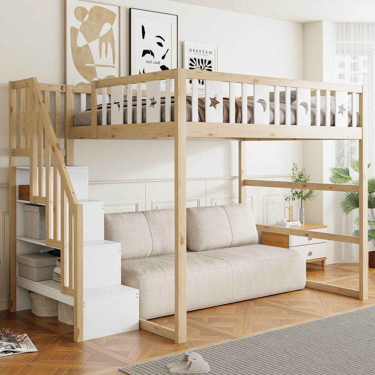 Wishdor Kinderhoogslaper 140 x 200 cm – Brede Trap met Opbergvakken – Ster- en Maandecoratie – Onderste Zit- en Speelruimte – Ruim Ligvlak – Geschikt voor Natuurlijk Ingerichte Kinderkamer – Grenenhout, Multiplex en MDF – Naturel en Wit Natuurlijk+Wit