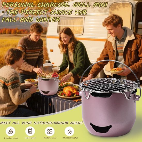 Draagbare houtskoolgrill - Mini roestvrijstalen houtskoolgrill - Paars - Kleine buitengrill - Mini houtskoolgrill - 2-in-1 buitengrill voor kamperen - Geschikt voor kamperen, barbecueën in de achtertuin, camper, picknicks van Merkloos — afbeelding 2