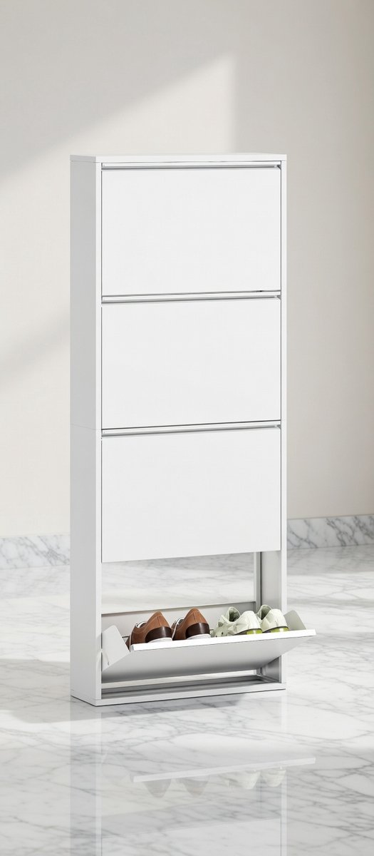 Extra Hoge Metalen Schoenenkast Wit – Smalle Schoenenkast met 4 Inklapbare Kleppen – Wandmontage Schoenenrek voor Hal, Gang & Entree – Ruimtebesparende Schoenenopberger House&Garden