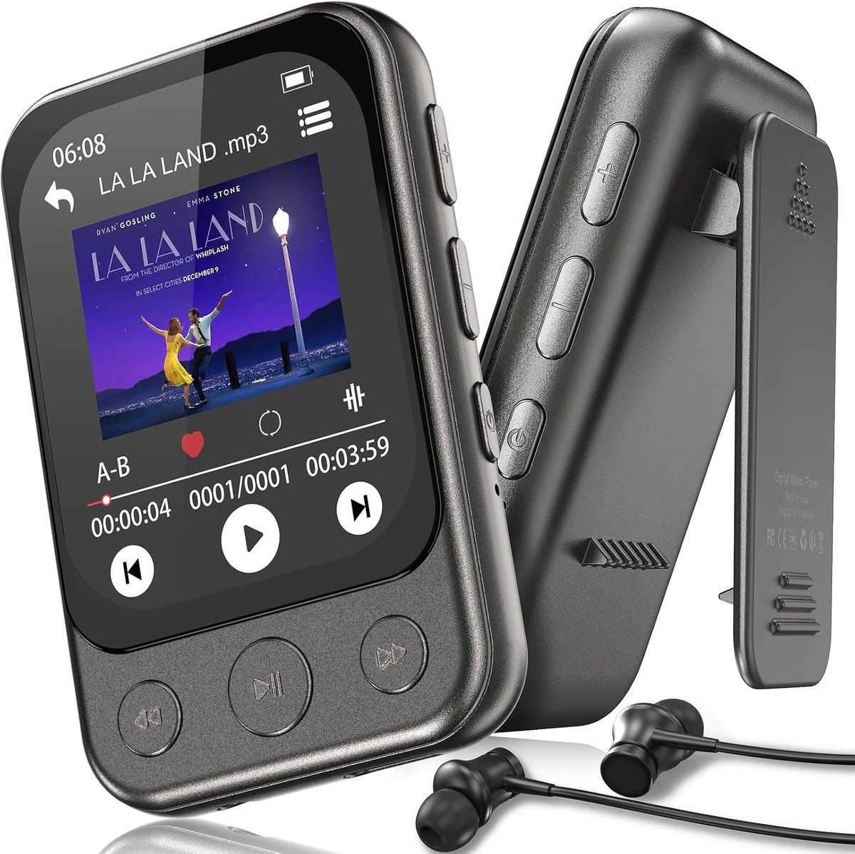 MP3-speler 64 GB met Bluetooth 5.3, clip en ingebouwde luidspreker