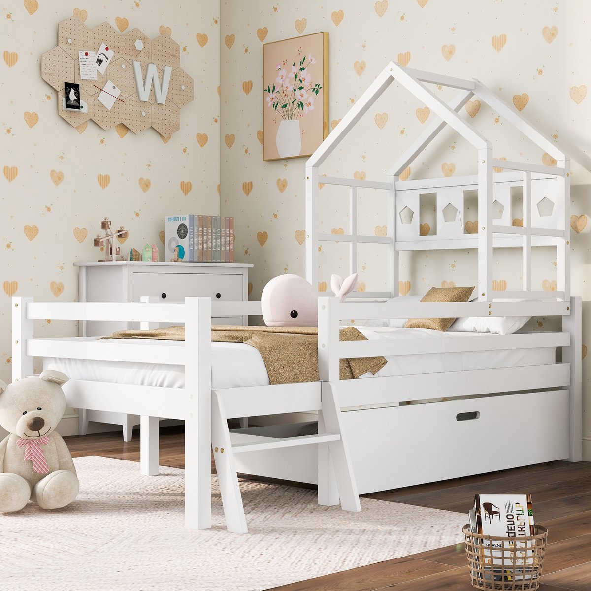 MODFU Ledikant 90x200 cm – Wit Huisbed met Ladder & Opberglade – Uitvalbeveiliging 28 cm – Massief Grenenhout – Veilig Peuterbed voor Kinderslaapkamer – Overgangsbed van Ledikant naar Groot Bed