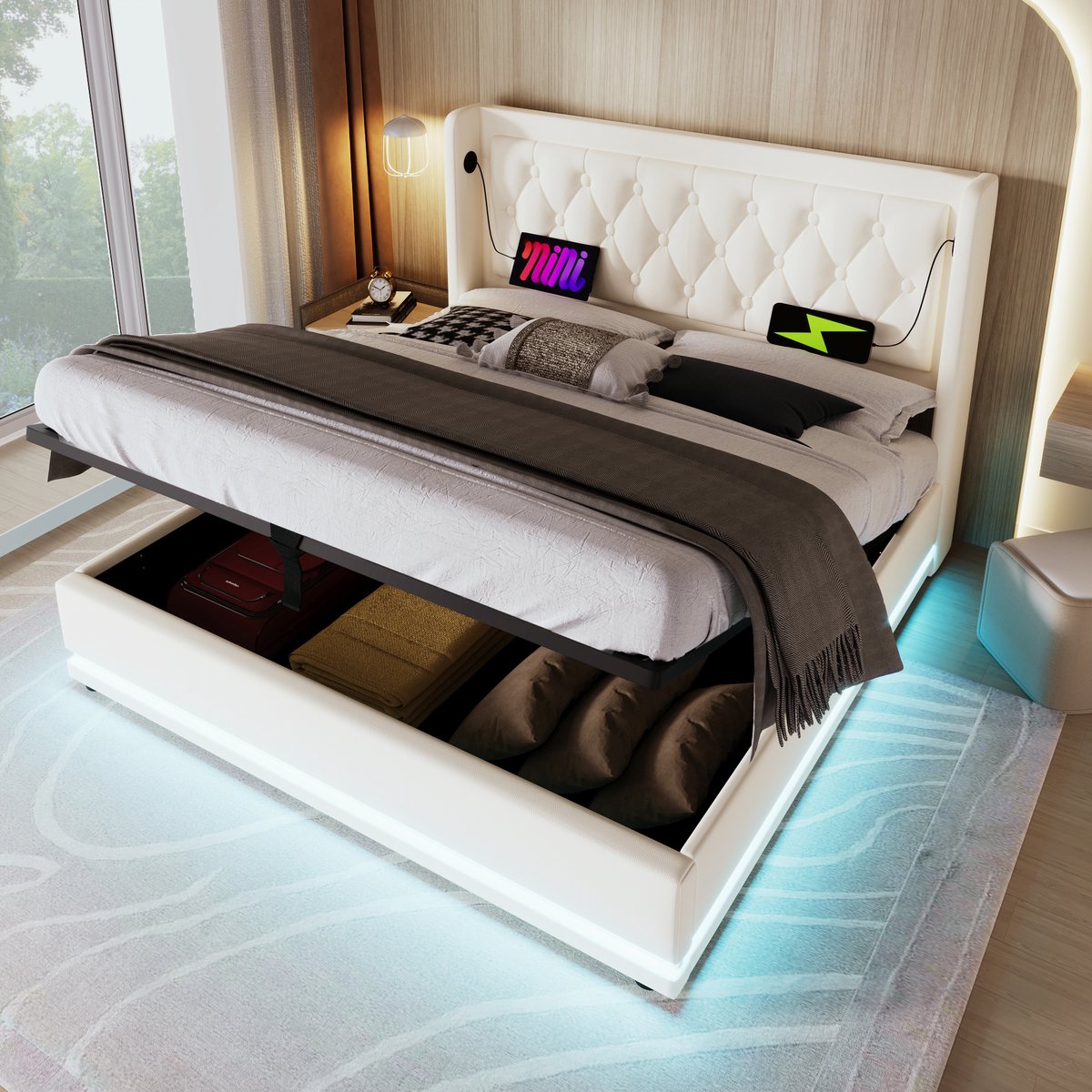 MODFU Bedframe 140x200 cm – Wit PU – Met opbergruimte, LED & USB-C – Klassiek wingback design