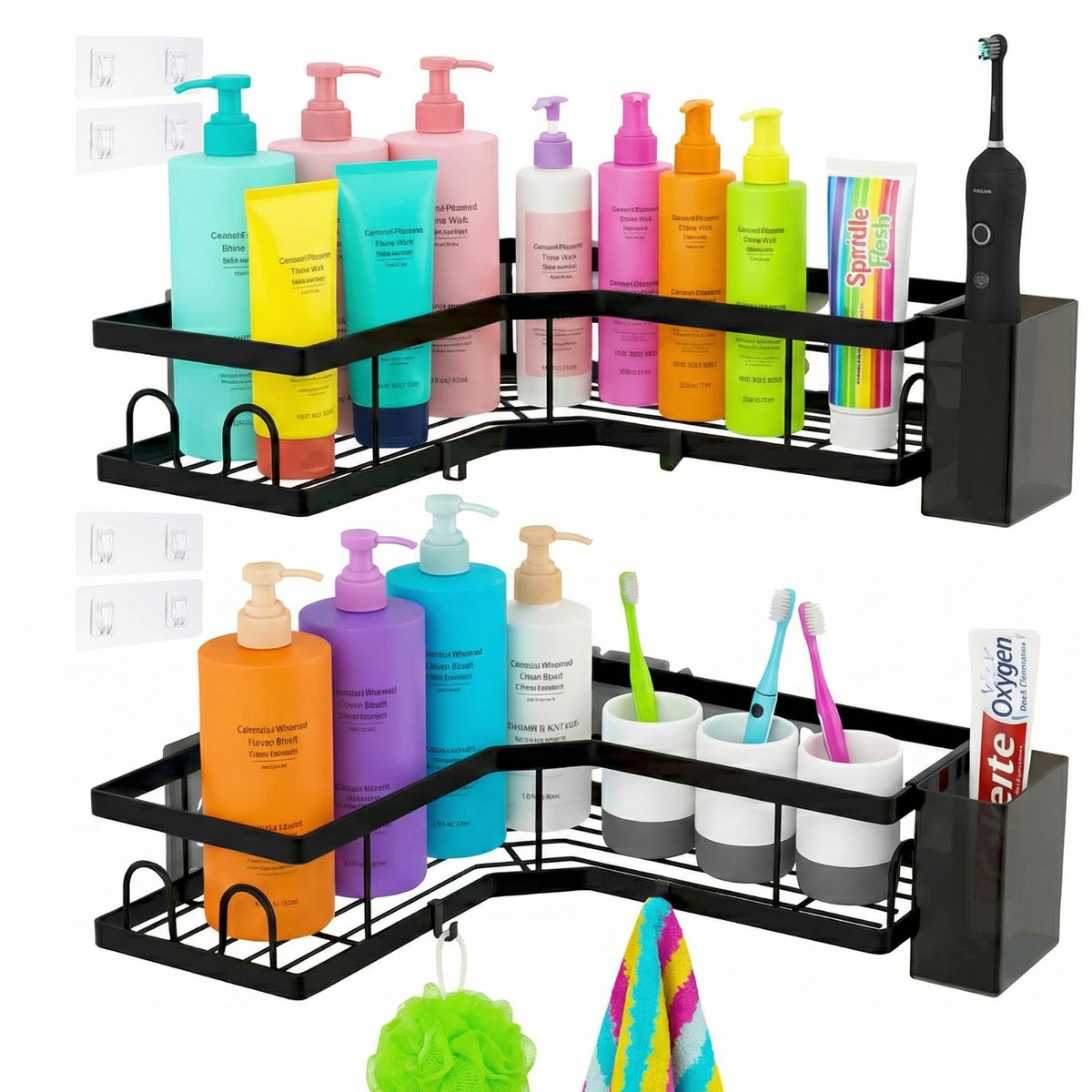 Ruhhy Hoek Badkamer Plank Set van 2 – Zonder Boren – Zelfklevende Douche Hoekplank – Zwart Staal – Shower Caddy met Haken – Badkamer Organizer