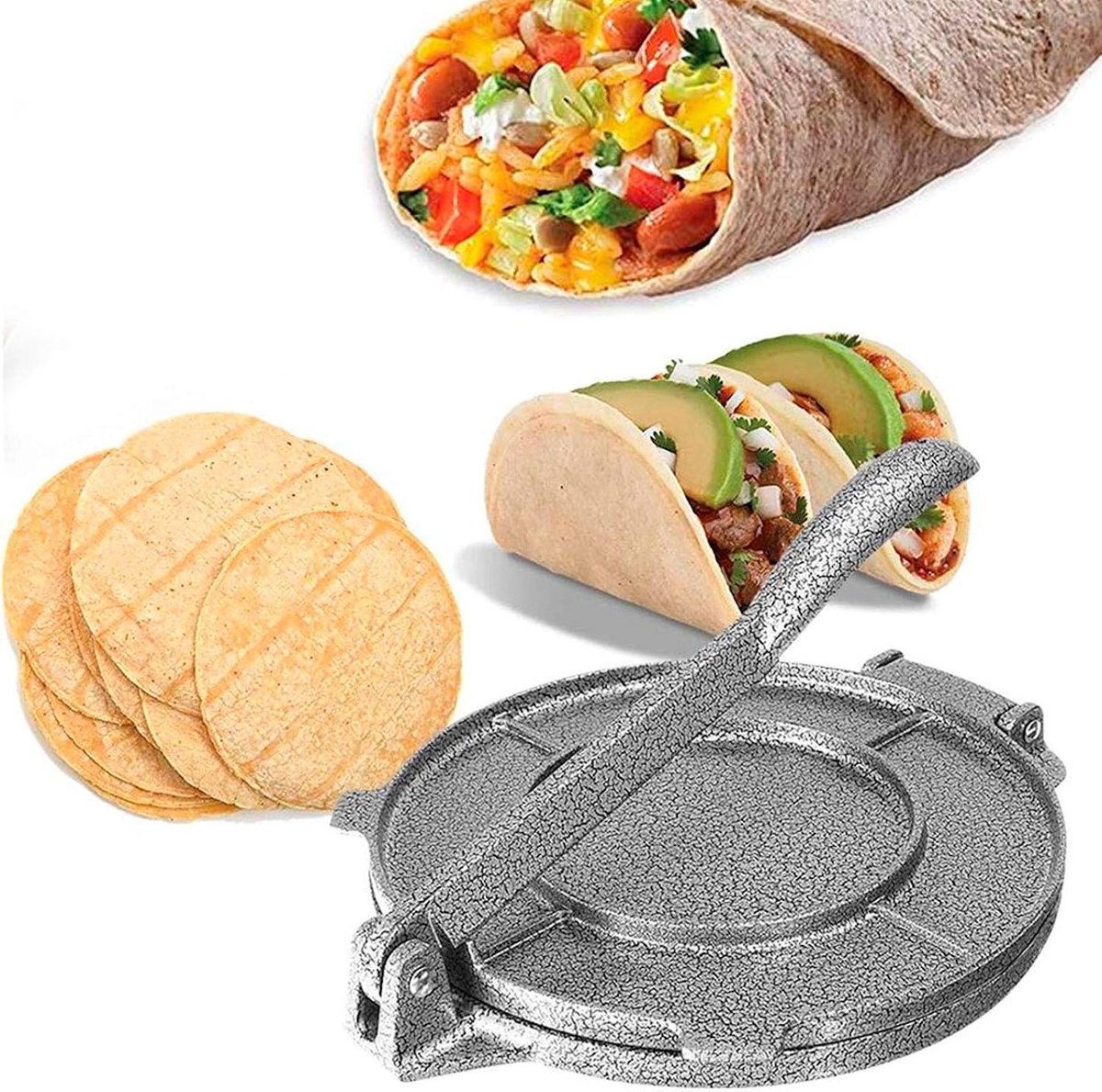 Tortillapers - Cast Iron - Non-Stick Surface Foldable Handle - 1 Stuk-grijs