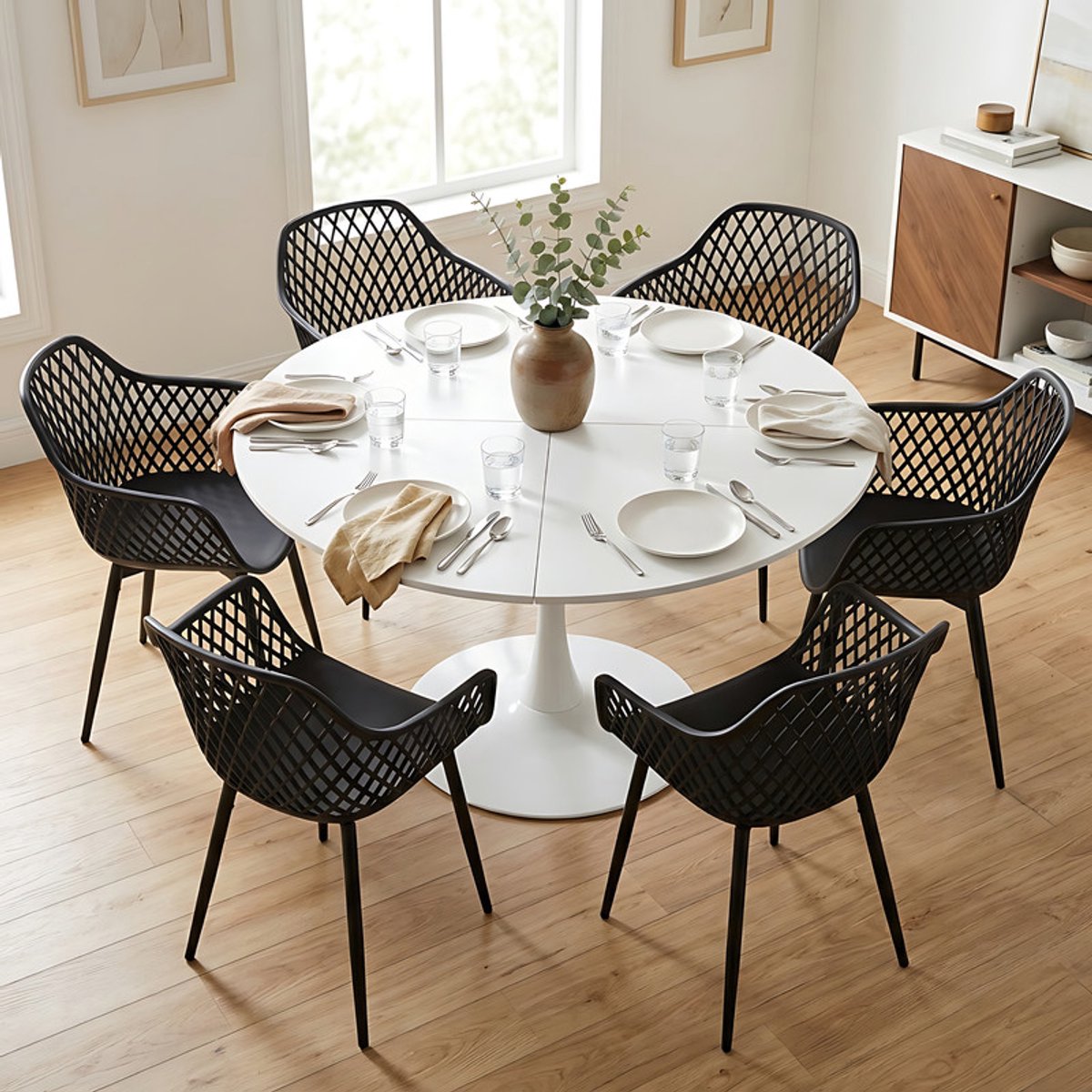 EGGREE eettafel en stoelen set - witte tafel Ø 120 cm met 6 stoelen - voor bar - kookeiland, café en eetkamer Wit-R6BK