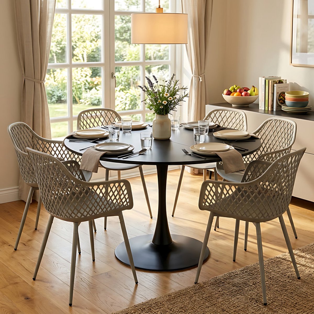 EGGREE eettafel en stoelen set - tafel met een diameter van 100 cm en 6 grijze stoelen - geschikt voor bar - kookeiland - café en eetkamer. Zwart-R6G