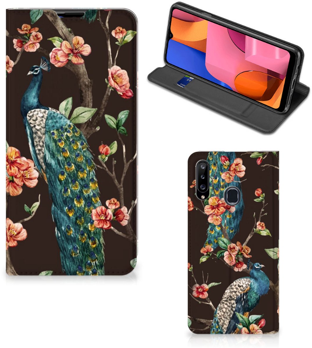 Book Case voor Samsung Galaxy A20s Hoesje maken Pauw met Bloemen
