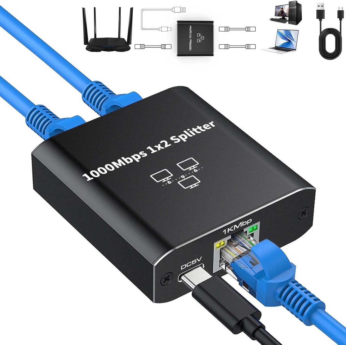 Ethernet-splitter 1 tot 2, RJ45 netwerksplitter voor 1000 Mbps verbinding
