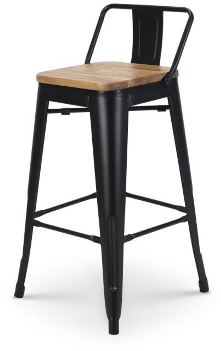 Industriële barstoel met rugleuning van metaal en houten zitting, zithoogte 66 cm