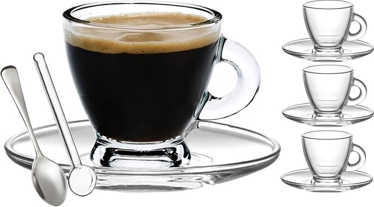Set van 4 heldere glazen espressokopjes met schotels en lepel