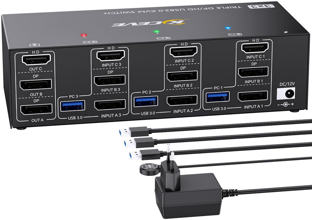 KVM Switch voor 3 PC's en 3 Monitoren met 8K@60Hz en 4K@144Hz
