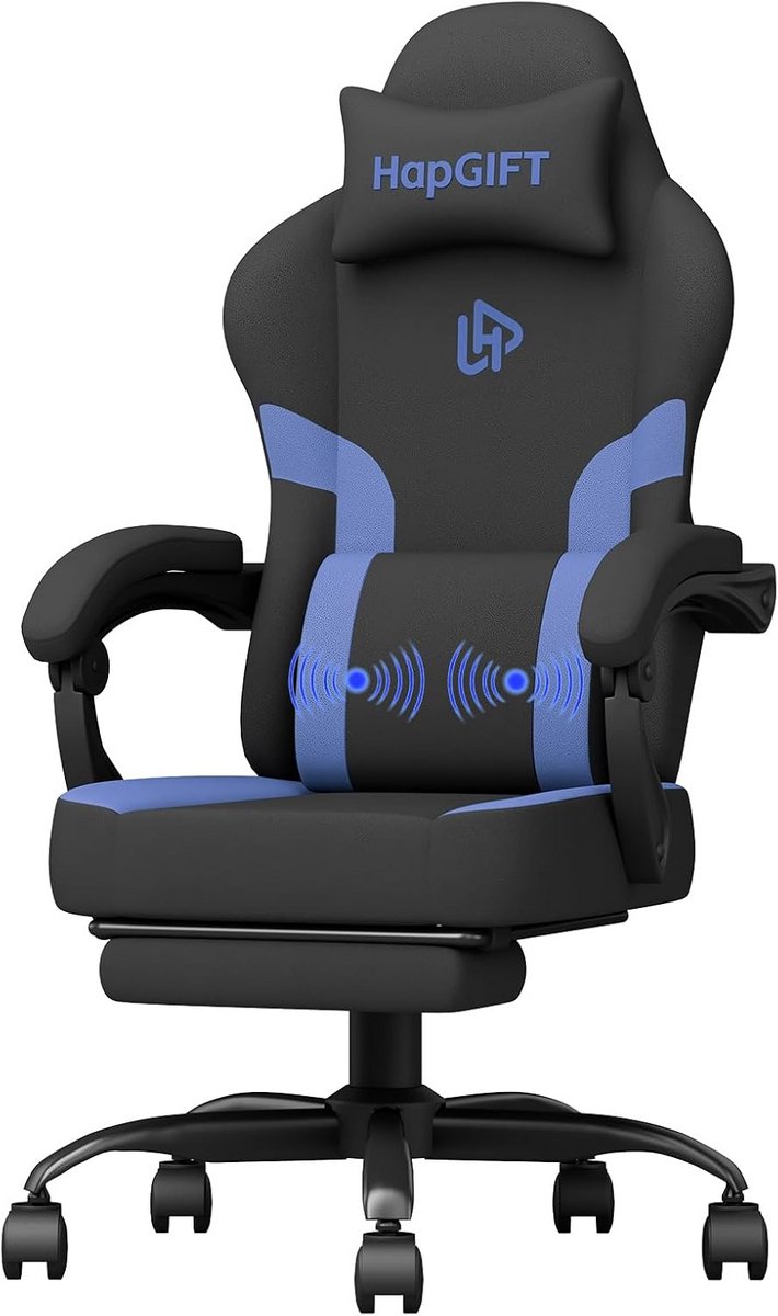 Ergonomische Gamingstoel met Voetensteun en Massagefunctie voor Thuis en Kantoor, Zwart-Blauw